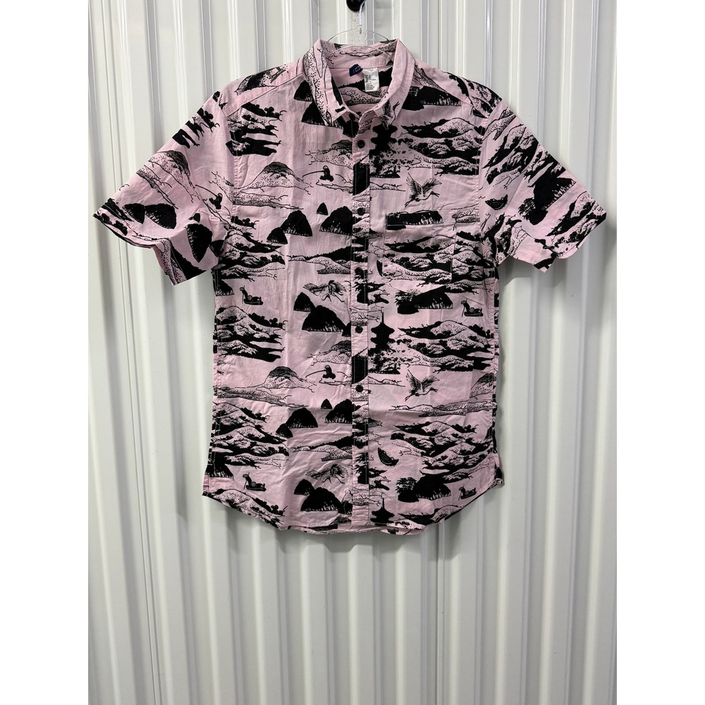 H&M Divided Button Up Shirt Mens Medium Pink Japanese Print Excellent 0615304 8